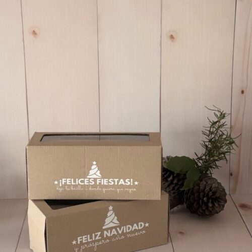 Caja Budinera Microcorrugado Marrón Felices Fiestas